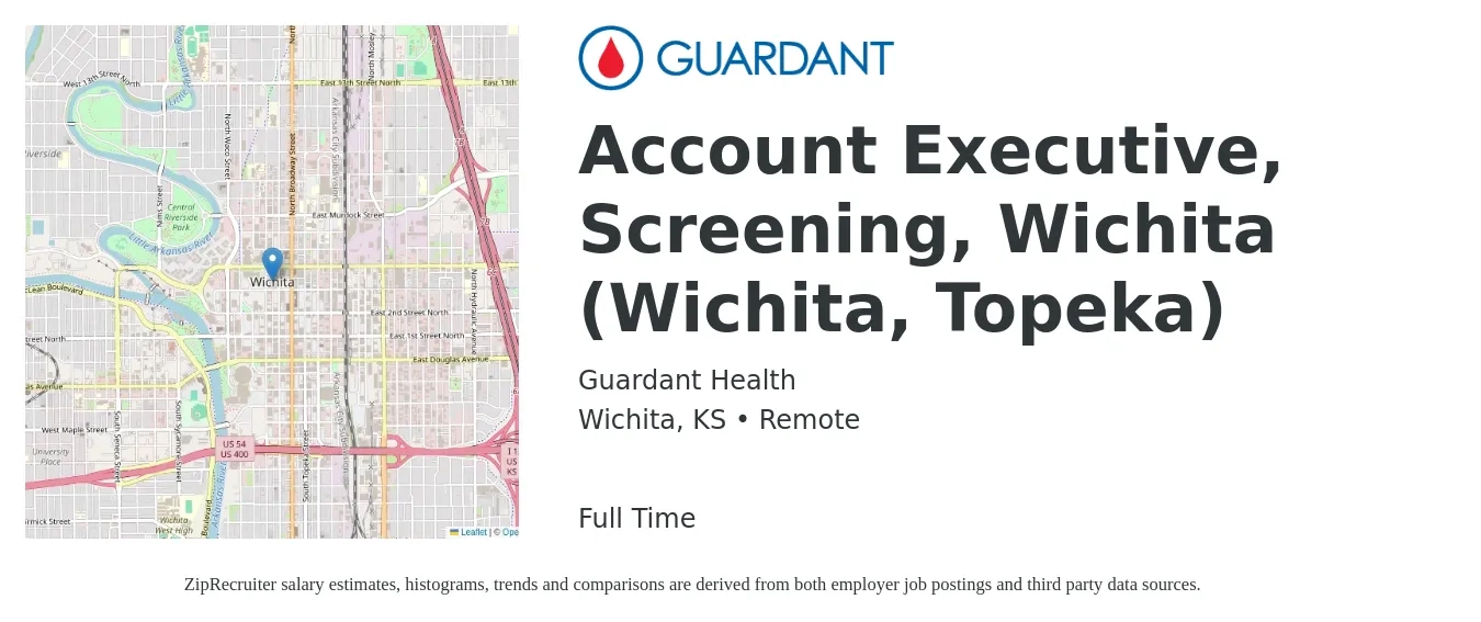 Guardant Health job posting for a Account Executive, Screening, Wichita (Wichita, Topeka) in Wichita, KS with a salary of $48,300 to $85,000 Yearly with a map of Wichita location.