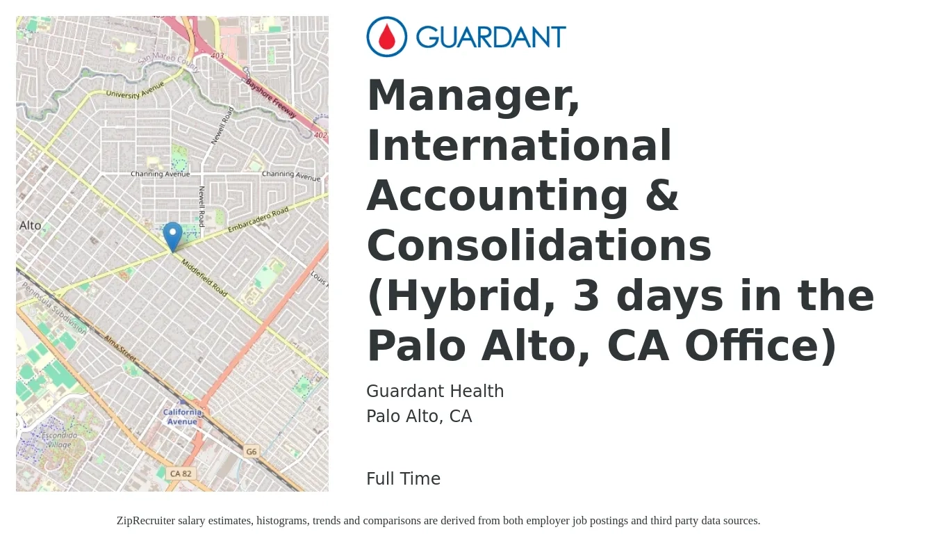 Guardant Health job posting for a Manager, International Accounting & Consolidations (Hybrid, 3 days in the Palo Alto, CA Office) in Palo Alto, CA with a salary of $125,800 to $139,900 Yearly with a map of Palo Alto location.