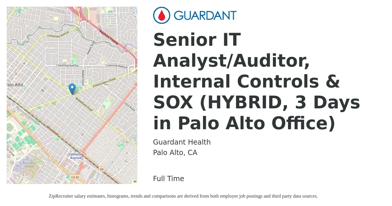 Guardant Health job posting for a Senior IT Analyst/Auditor, Internal Controls & SOX (HYBRID, 3 Days in Palo Alto Office) in Palo Alto, CA with a salary of $110,500 to $145,200 Yearly with a map of Palo Alto location.