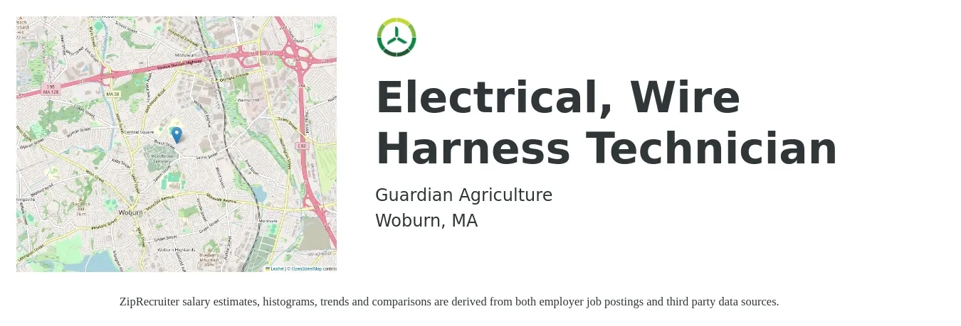 Guardian Agriculture job posting for a Electrical, Wire Harness Technician in Woburn, MA with a salary of $24 to $36 Hourly with a map of Woburn location.