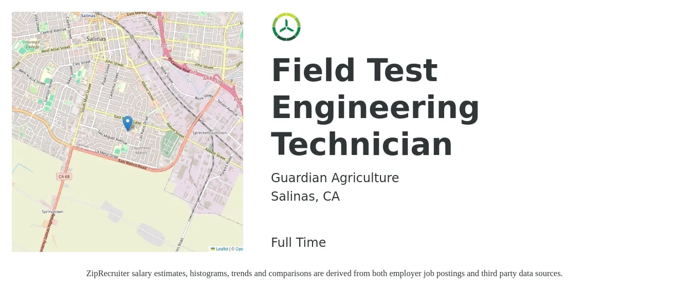 Guardian Agriculture job posting for a Field Test Engineering Technician in Salinas, CA with a salary of $23 to $33 Hourly with a map of Salinas location.