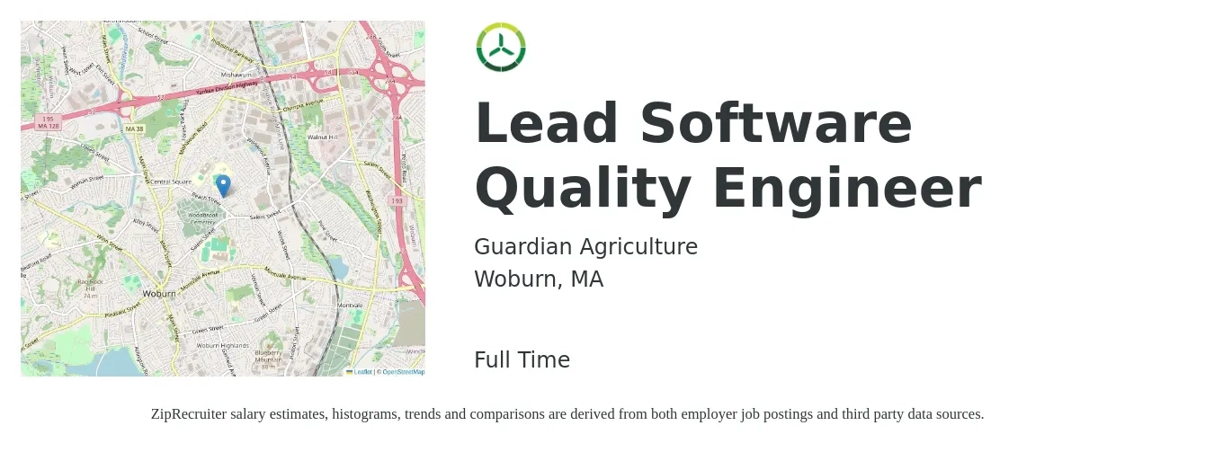 Guardian Agriculture job posting for a Lead Software Quality Engineer in Woburn, MA with a salary of $42 to $62 Hourly with a map of Woburn location.