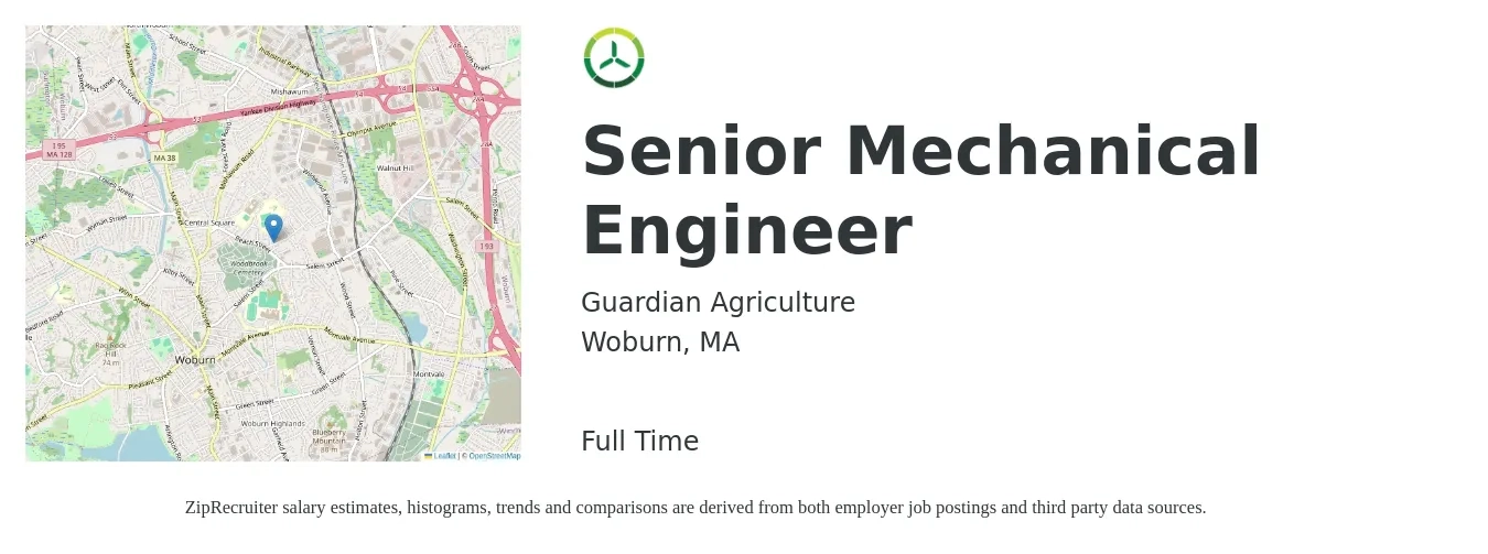Guardian Agriculture job posting for a Senior Mechanical Engineer in Woburn, MA with a salary of $111,600 to $147,300 Yearly with a map of Woburn location.