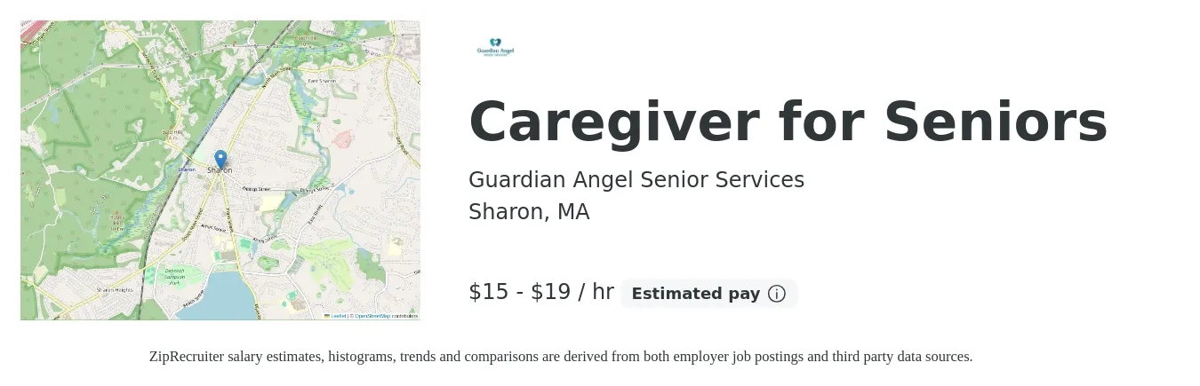 Guardian Angel Senior Services job posting for a Caregiver for Seniors in Sharon, MA with a salary of $250 Daily with a map of Sharon location.