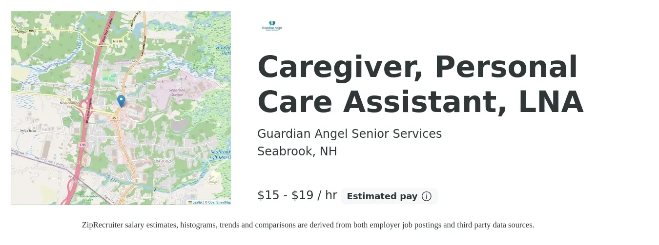 Guardian Angel Senior Services job posting for a Caregiver, Personal Care Assistant, LNA in Seabrook, NH with a salary of $16 to $20 Hourly with a map of Seabrook location.