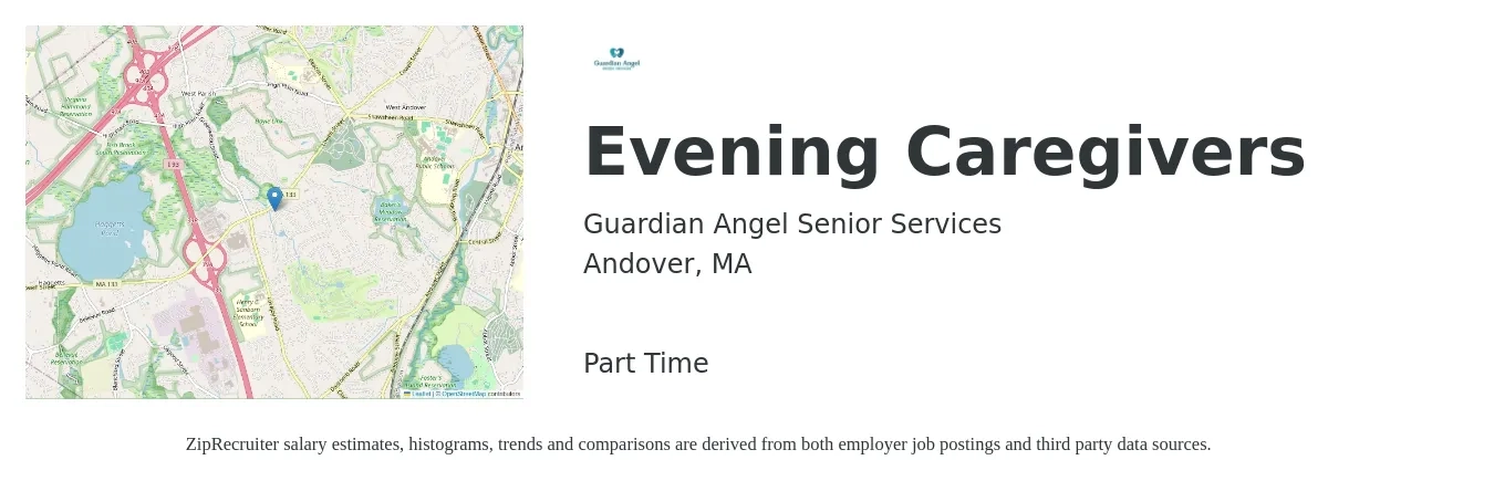 Guardian Angel Senior Services job posting for a Evening Caregivers in Andover, MA with a salary of $14 to $18 Hourly with a map of Andover location.