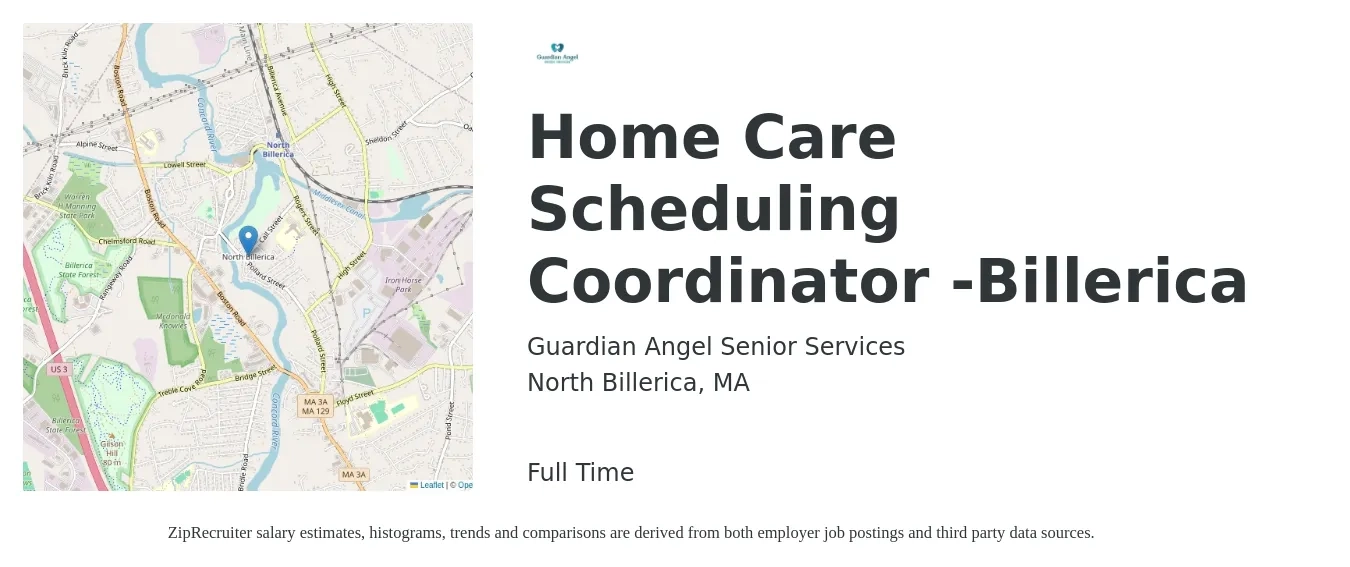 Guardian Angel Senior Services job posting for a Home Care Scheduling Coordinator -Billerica in North Billerica, MA with a salary of $19 to $24 Hourly with a map of North Billerica location.