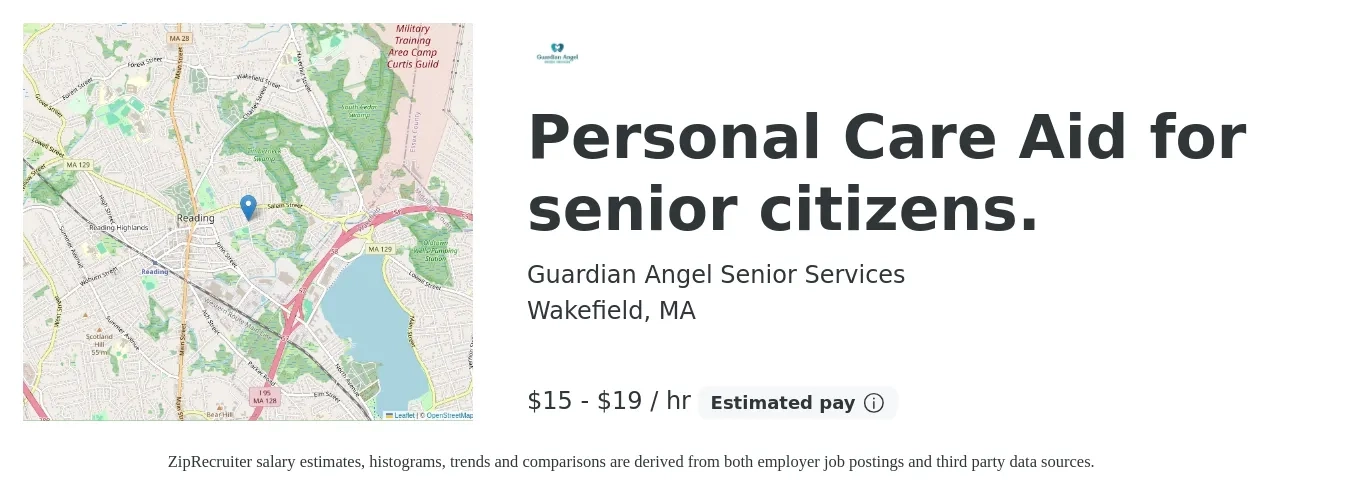 Guardian Angel Senior Services job posting for a Personal Care Aid for senior citizens. in Wakefield, MA with a salary of $16 to $20 Hourly with a map of Wakefield location.