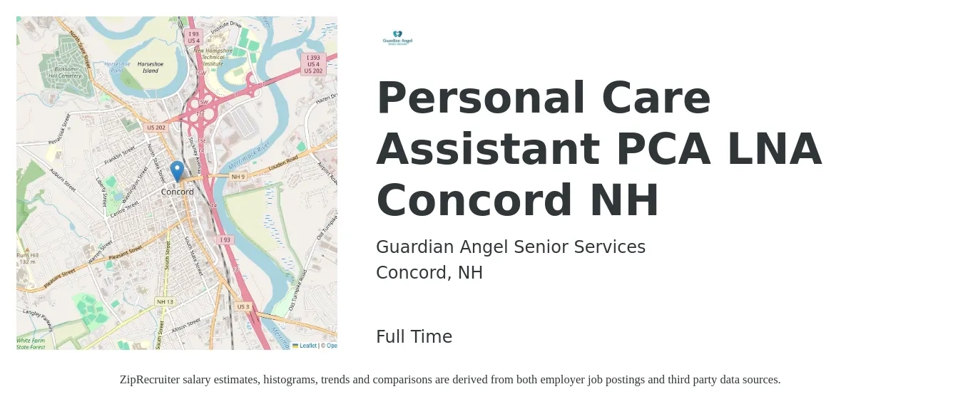 Guardian Angel Senior Services job posting for a Personal Care Assistant PCA LNA Concord NH in Concord, NH with a salary of $16 to $20 Hourly with a map of Concord location.