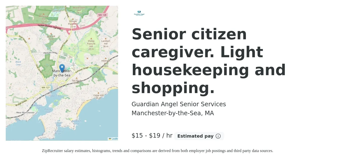 Guardian Angel Senior Services job posting for a Senior citizen caregiver. Light housekeeping and shopping. in Manchester-by-the-Sea, MA with a salary of $16 to $20 Hourly with a map of Manchester-by-the-Sea location.