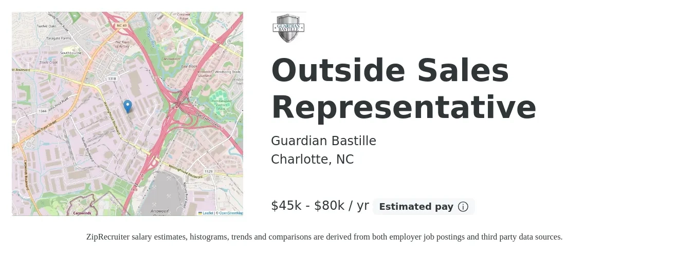 Guardian Bastille job posting for a Outside Sales Representative in Charlotte, NC with a salary of $45,000 to $80,000 Yearly with a map of Charlotte location.