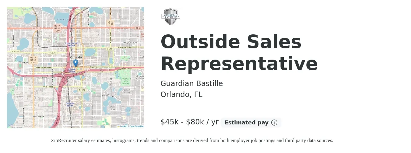 Guardian Bastille job posting for a Outside Sales Representative in Orlando, FL with a salary of $45,000 to $80,000 Yearly with a map of Orlando location.