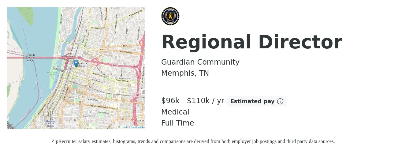 Guardian Community job posting for a Regional Director in Memphis, TN with a salary of $96,000 to $110,000 Yearly and benefits including medical with a map of Memphis location.