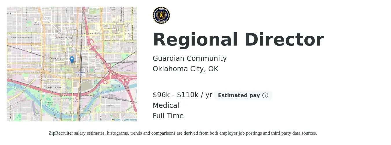 Guardian Community job posting for a Regional Director in Oklahoma City, OK with a salary of $96,000 to $110,000 Yearly and benefits including medical with a map of Oklahoma City location.