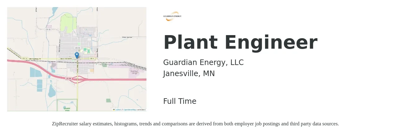 Guardian Energy, LLC job posting for a Plant Engineer in Janesville, MN with a salary of $77,000 to $117,700 Yearly with a map of Janesville location.