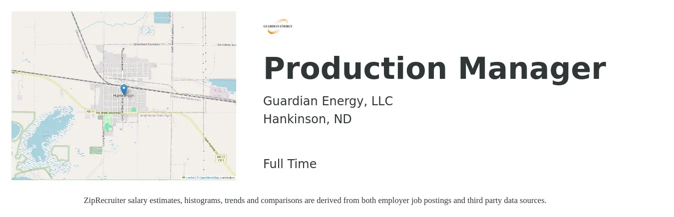 Guardian Energy, LLC job posting for a Production Manager in Hankinson, ND with a salary of $52,200 to $75,100 Yearly with a map of Hankinson location.