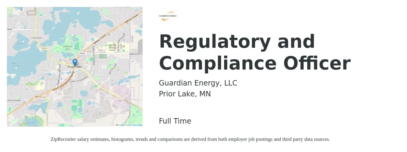 Guardian Energy, LLC job posting for a Regulatory and Compliance Officer in Prior Lake, MN with a salary of $61,100 to $93,400 Yearly with a map of Prior Lake location.