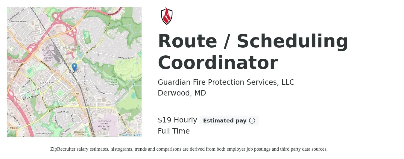 Guardian Fire Protection Services, LLC job posting for a Route / Scheduling Coordinator in Derwood, MD with a salary of $20 Hourly with a map of Derwood location.