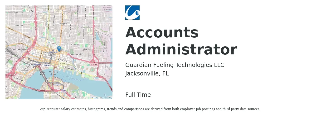 Guardian Fueling Technologies LLC job posting for a Accounts Administrator in Jacksonville, FL with a salary of $18 to $24 Hourly with a map of Jacksonville location.