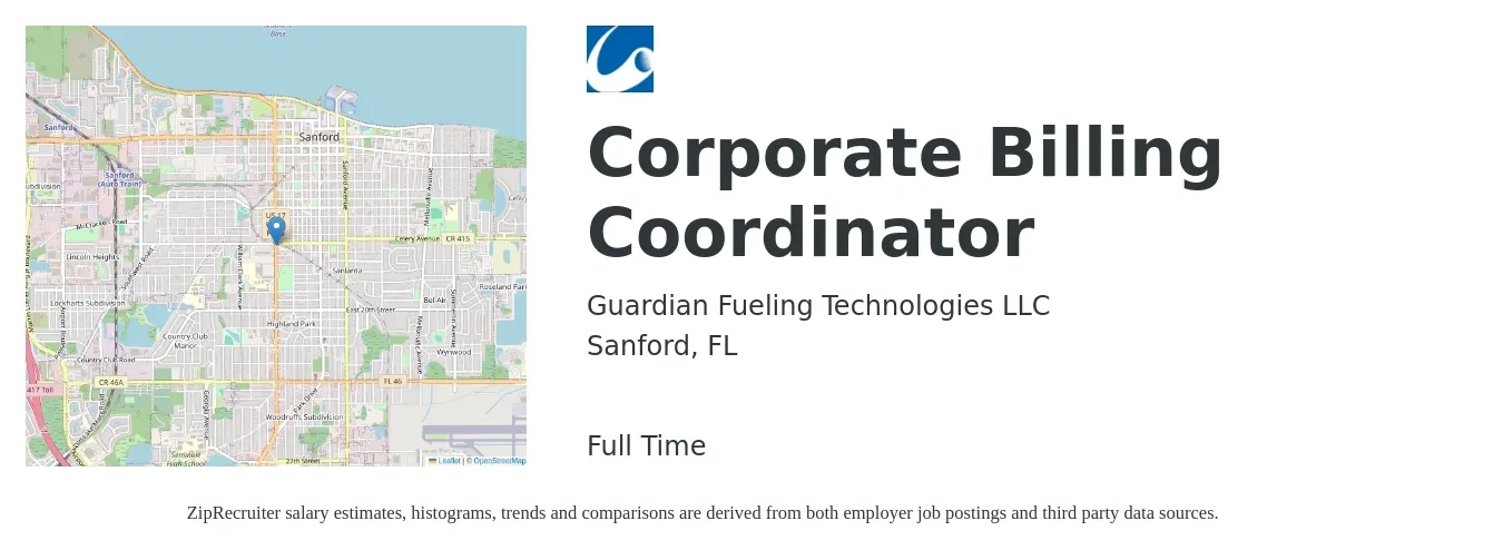 Guardian Fueling Technologies LLC job posting for a Corporate Billing Coordinator in Sanford, FL with a salary of $19 to $29 Hourly with a map of Sanford location.