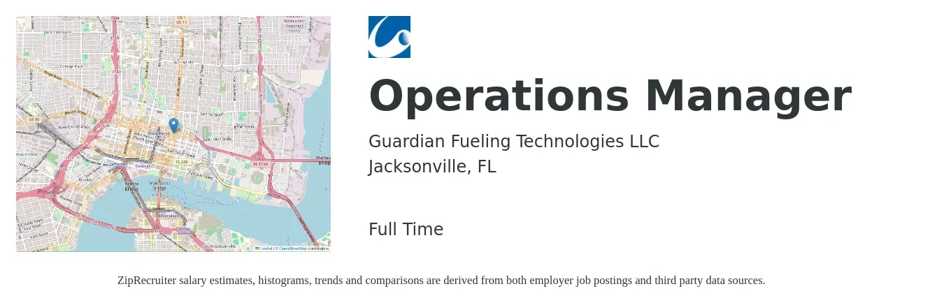 Guardian Fueling Technologies LLC job posting for a Operations Manager in Jacksonville, FL with a salary of $36,900 to $69,700 Yearly with a map of Jacksonville location.