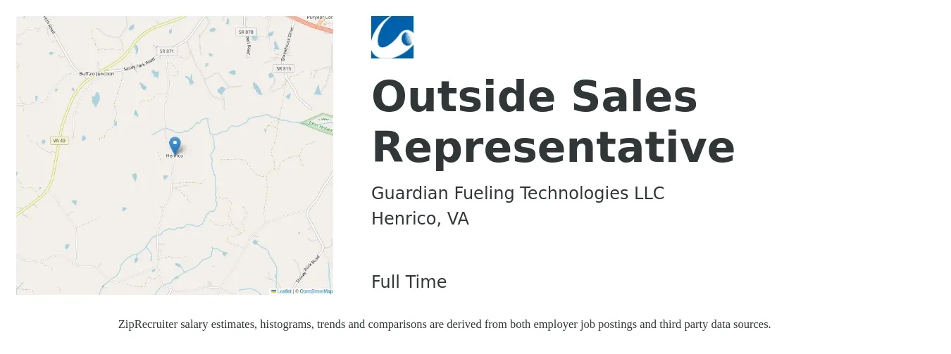 Guardian Fueling Technologies LLC job posting for a Outside Sales Representative in Henrico, VA with a salary of $48,600 to $83,200 Yearly with a map of Henrico location.