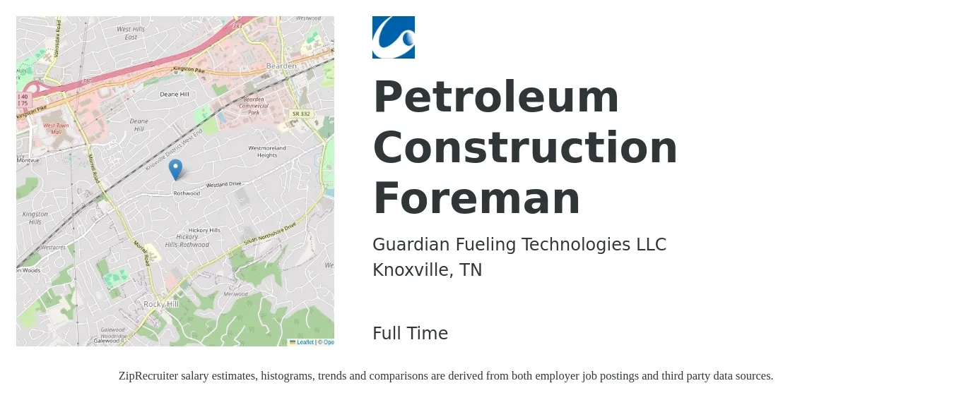Guardian Fueling Technologies LLC job posting for a Petroleum Construction Foreman in Knoxville, TN with a salary of $60,100 to $97,800 Yearly with a map of Knoxville location.