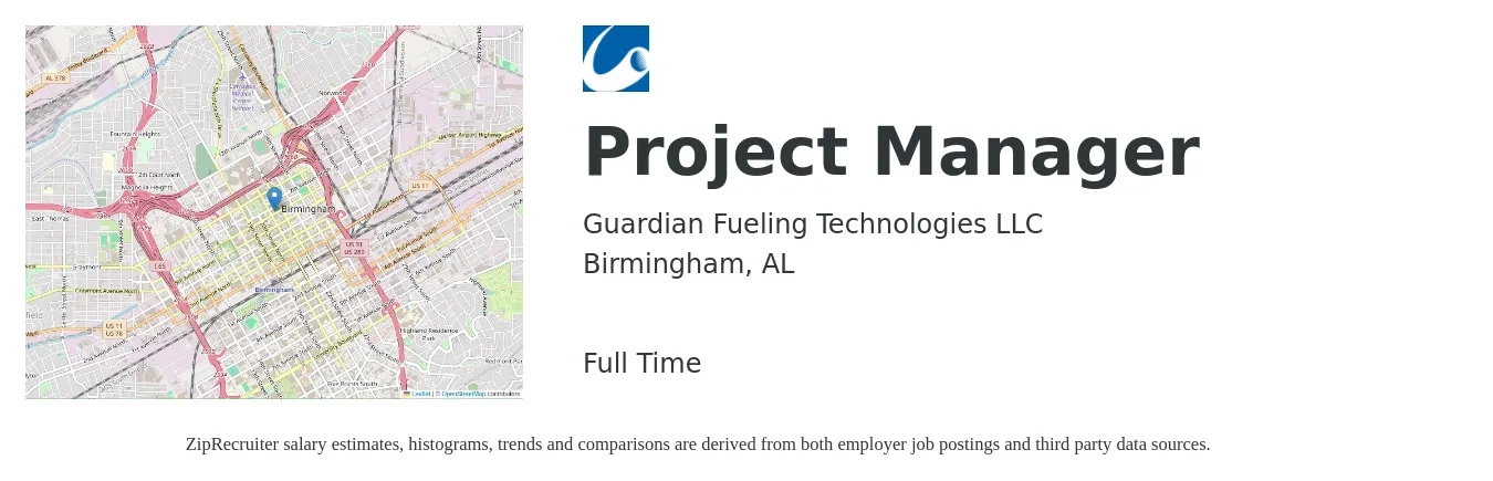 Guardian Fueling Technologies LLC job posting for a Project Manager in Birmingham, AL with a salary of $73,600 to $115,300 Yearly with a map of Birmingham location.
