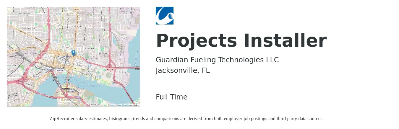 Guardian Fueling Technologies LLC job posting for a Projects Installer in Jacksonville, FL with a salary of $18 to $27 Hourly with a map of Jacksonville location.