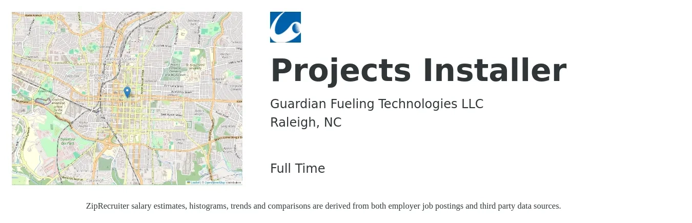 Guardian Fueling Technologies LLC job posting for a Projects Installer in Raleigh, NC with a salary of $20 to $29 Hourly with a map of Raleigh location.