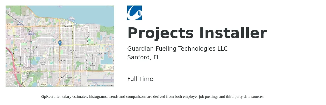 Guardian Fueling Technologies LLC job posting for a Projects Installer in Sanford, FL with a salary of $18 to $27 Hourly with a map of Sanford location.