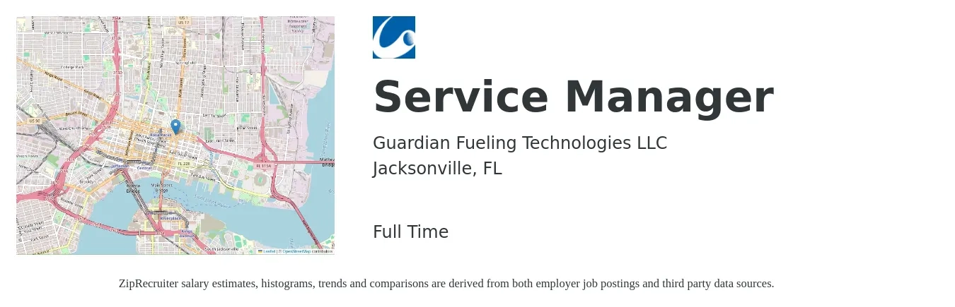 Guardian Fueling Technologies LLC job posting for a Service Manager in Jacksonville, FL with a salary of $46,800 to $72,400 Yearly with a map of Jacksonville location.