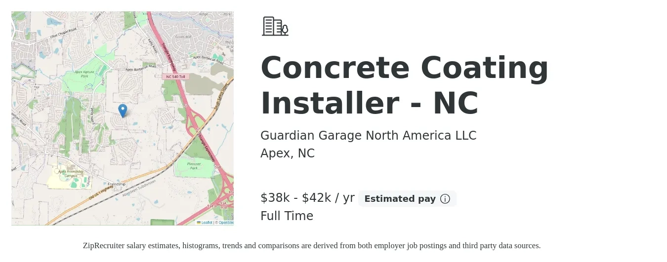 Guardian Garage North America LLC job posting for a Concrete Coating Installer - NC in Apex, NC with a salary of $38,000 to $42,000 Yearly with a map of Apex location.