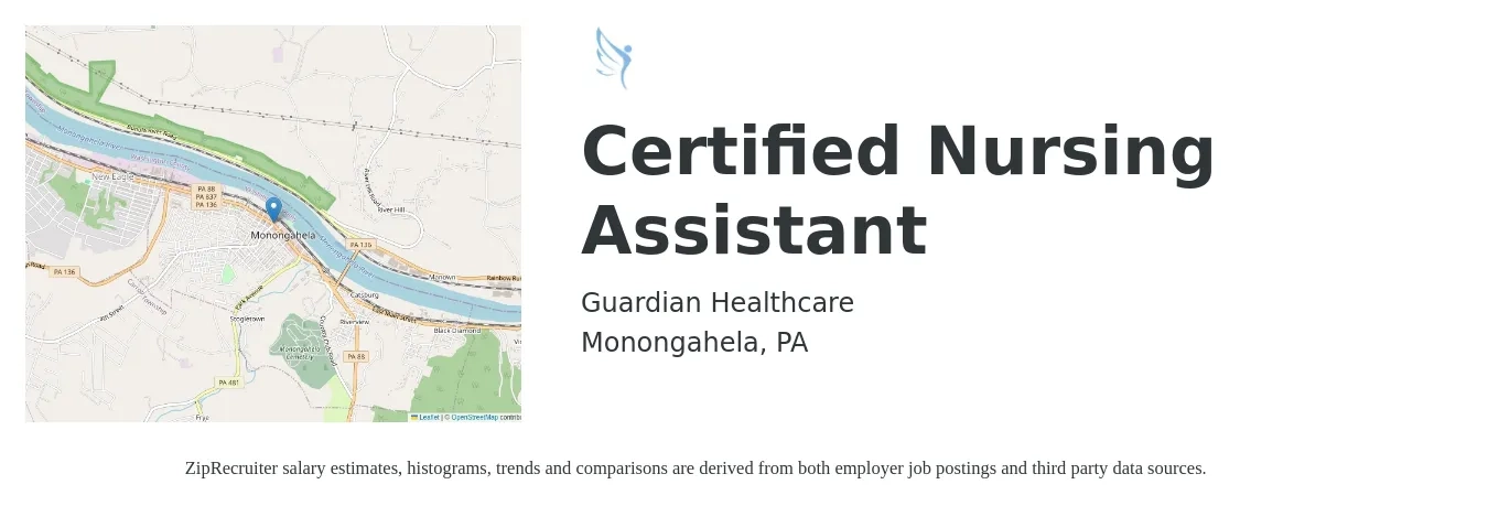 Guardian Healthcare job posting for a Certified Nursing Assistant in Monongahela, PA with a salary of $14 to $20 Hourly with a map of Monongahela location.