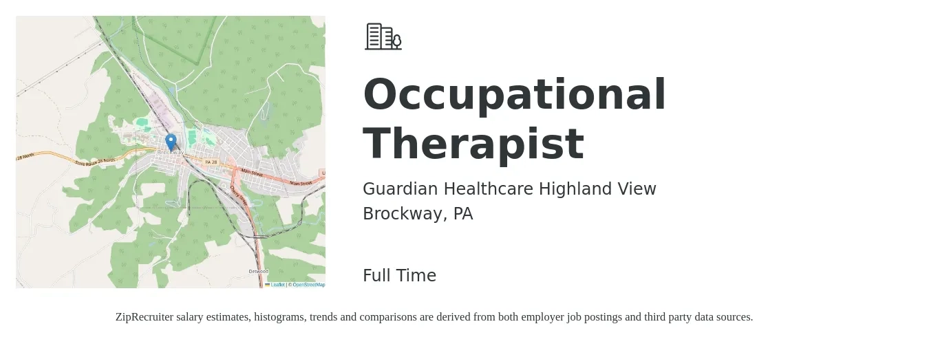 Guardian Healthcare Highland View job posting for a Occupational Therapist in Brockway, PA with a salary of $35 to $46 Hourly with a map of Brockway location.