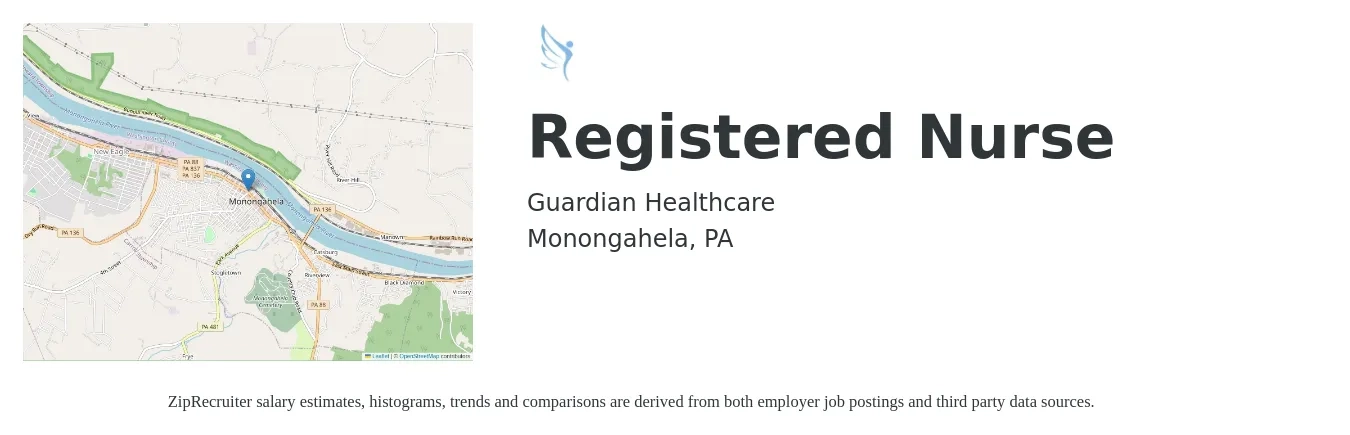 Guardian Healthcare job posting for a Registered Nurse in Monongahela, PA with a salary of $28 to $44 Hourly with a map of Monongahela location.