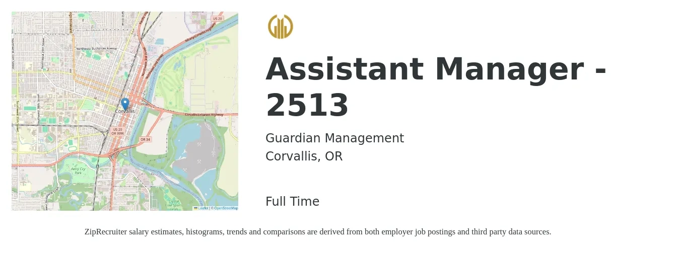 Guardian Management job posting for a Assistant Manager - 2513 in Corvallis, OR with a salary of $20 to $24 Hourly with a map of Corvallis location.