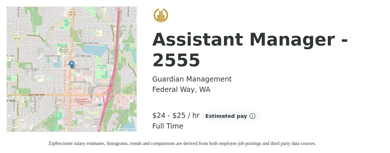Guardian Management job posting for a Assistant Manager - 2555 in Federal Way, WA with a salary of $25 to $27 Hourly with a map of Federal Way location.