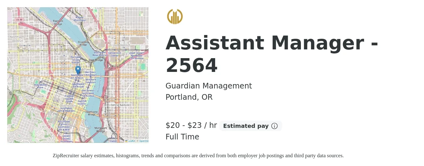 Guardian Management job posting for a Assistant Manager - 2564 in Portland, OR with a salary of $21 to $24 Hourly with a map of Portland location.