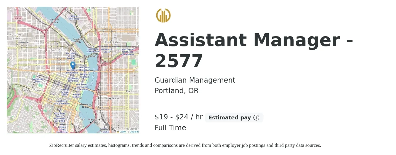 Guardian Management job posting for a Assistant Manager - 2577 in Portland, OR with a salary of $20 to $25 Hourly with a map of Portland location.