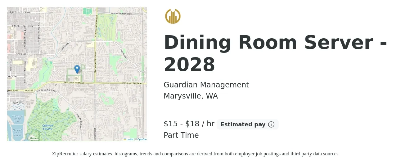 Guardian Management job posting for a Dining Room Server - 2028 in Marysville, WA with a salary of $16 to $19 Hourly with a map of Marysville location.