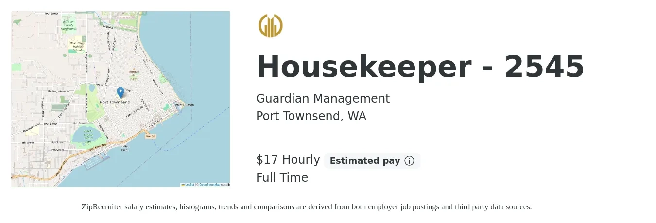 Guardian Management job posting for a Housekeeper - 2545 in Port Townsend, WA with a salary of $18 Hourly with a map of Port Townsend location.