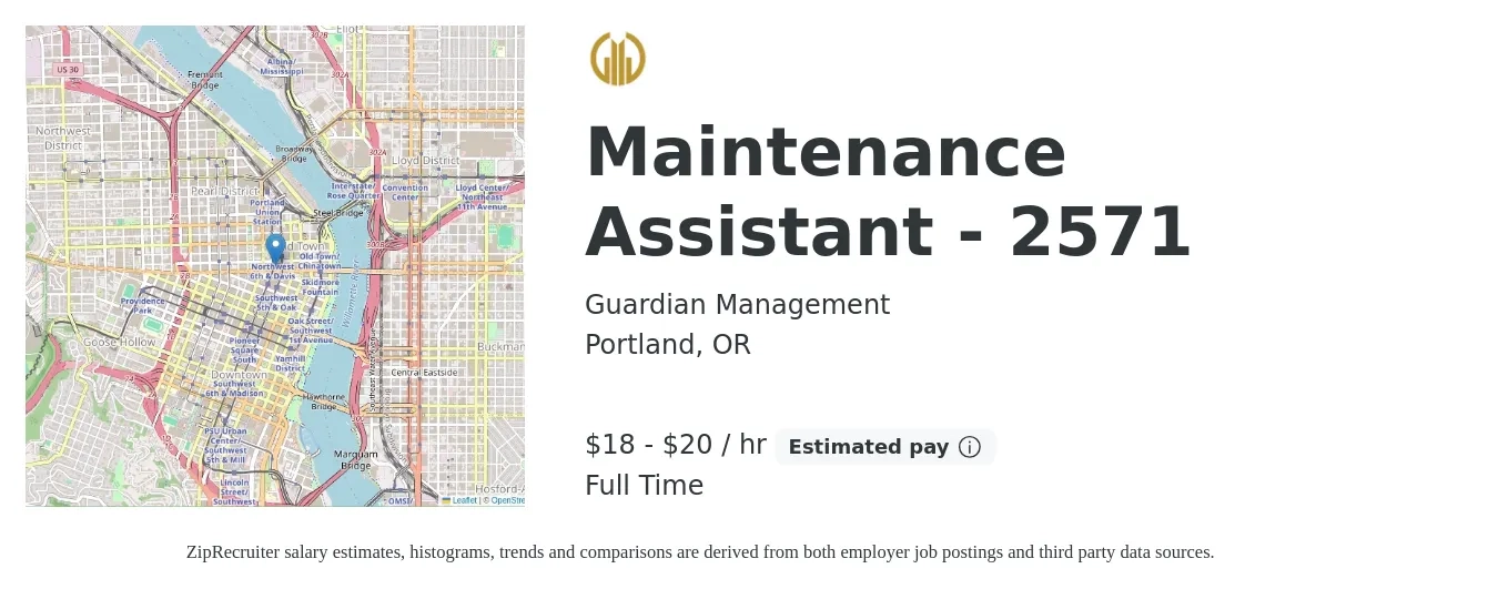 Guardian Management job posting for a Maintenance Assistant - 2571 in Portland, OR with a salary of $19 to $21 Hourly with a map of Portland location.