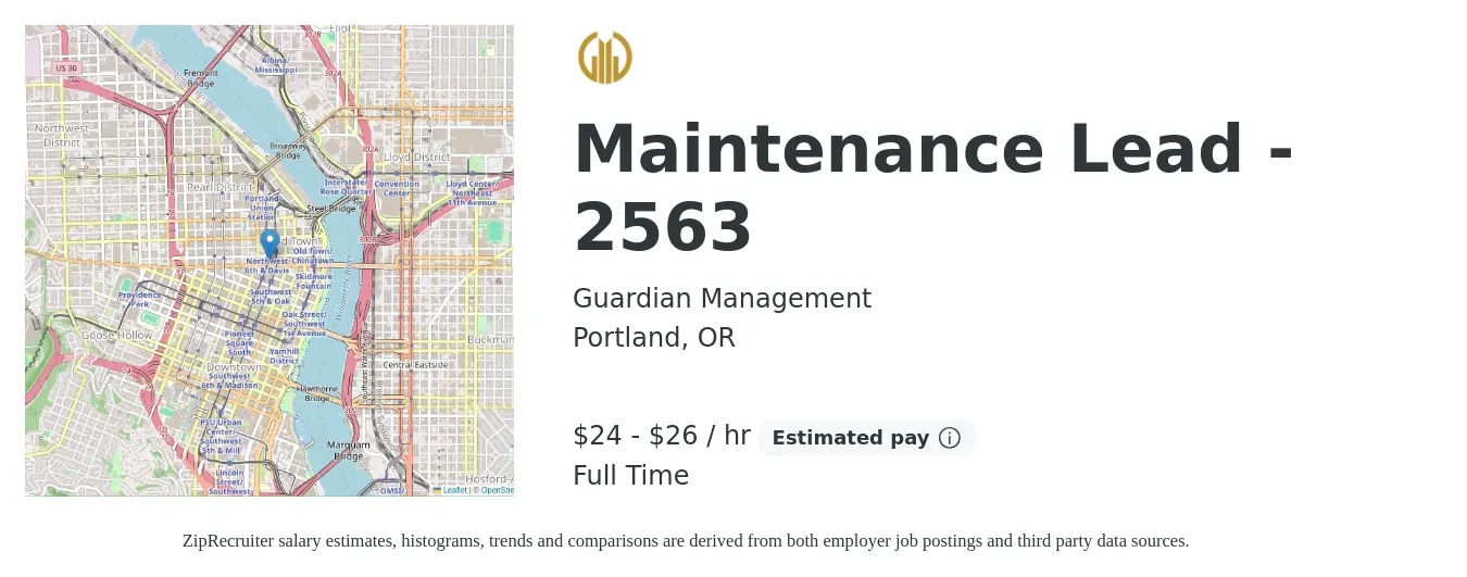 Guardian Management job posting for a Maintenance Lead - 2563 in Portland, OR with a salary of $25 to $28 Hourly with a map of Portland location.
