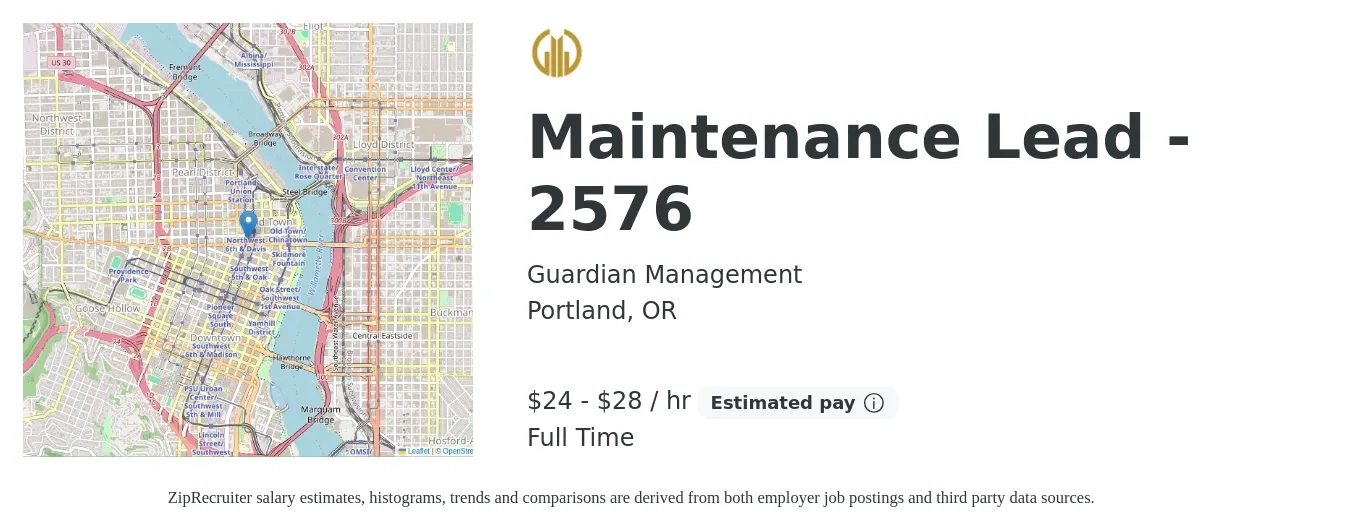 Guardian Management job posting for a Maintenance Lead - 2576 in Portland, OR with a salary of $25 to $30 Hourly with a map of Portland location.