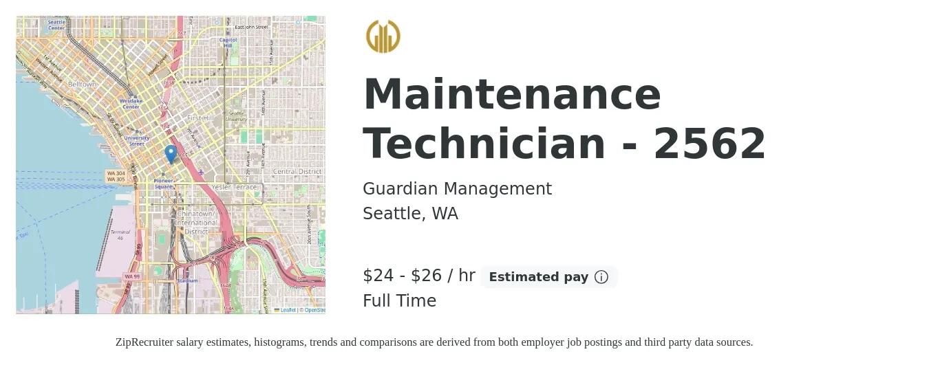 Guardian Management job posting for a Maintenance Technician - 2562 in Seattle, WA with a salary of $25 to $28 Hourly with a map of Seattle location.