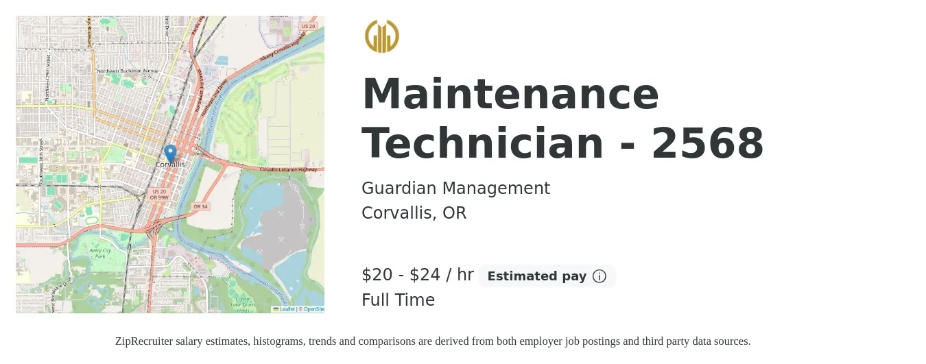 Guardian Management job posting for a Maintenance Technician - 2568 in Corvallis, OR with a salary of $21 to $25 Hourly with a map of Corvallis location.