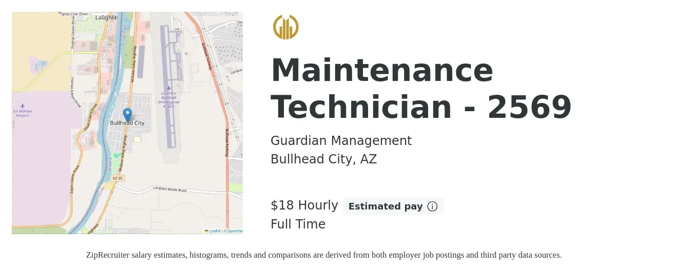 Guardian Management job posting for a Maintenance Technician - 2569 in Bullhead City, AZ with a salary of $19 Hourly with a map of Bullhead City location.