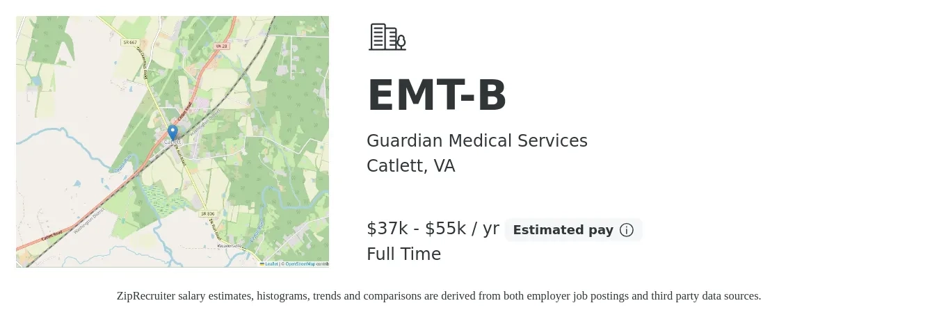Guardian Medical Services job posting for a EMT-B in Catlett, VA with a salary of $37,544 to $56,000 Yearly with a map of Catlett location.
