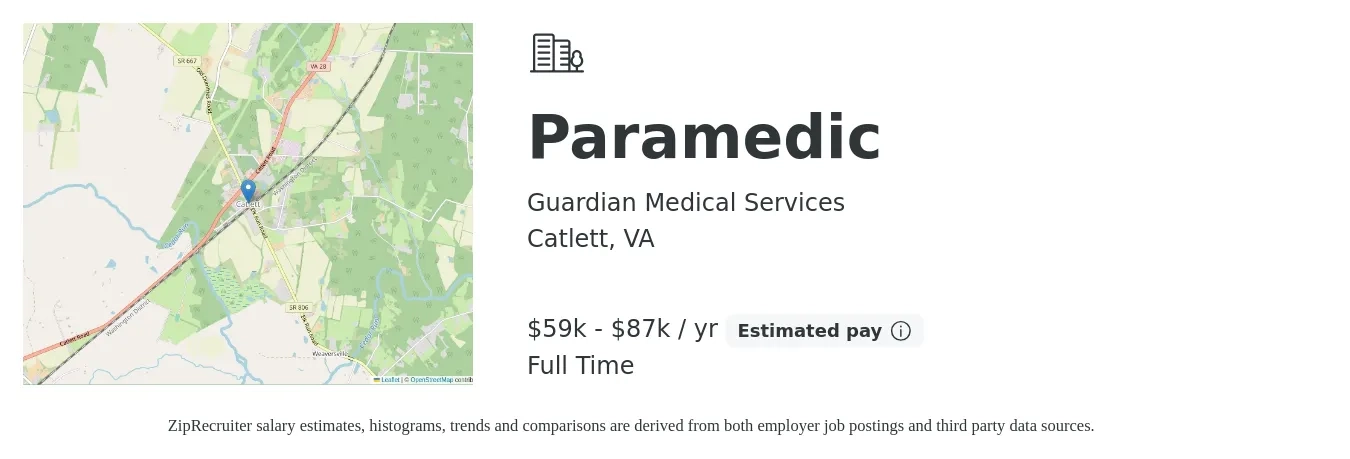 Guardian Medical Services job posting for a Paramedic in Catlett, VA with a salary of $59,280 to $87,000 Yearly with a map of Catlett location.